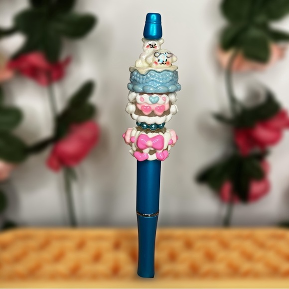 Hand Crafted Accessories - Kawaii Puppy Bear Cake with Pink & White Handpainted Beads Handmade Beaded Pen